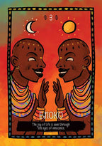 Illustration of two people with a colorful frame and text on an orange background