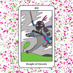 Tarot card featuring a knight on horseback with a sword, surrounded by pink and green polka dots.