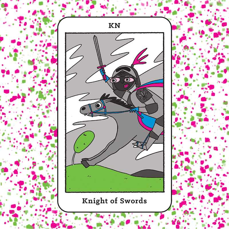 Tarot card featuring a knight on horseback with a sword, surrounded by pink and green polka dots.