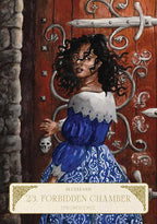 Illustration of a woman in a blue dress standing in front of a wooden door with intricate designs.