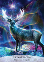 Colorful deer with glowing antlers against a cosmic background