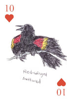 Card with a red-winged blackbird illustration and '10' hearts on a white background
