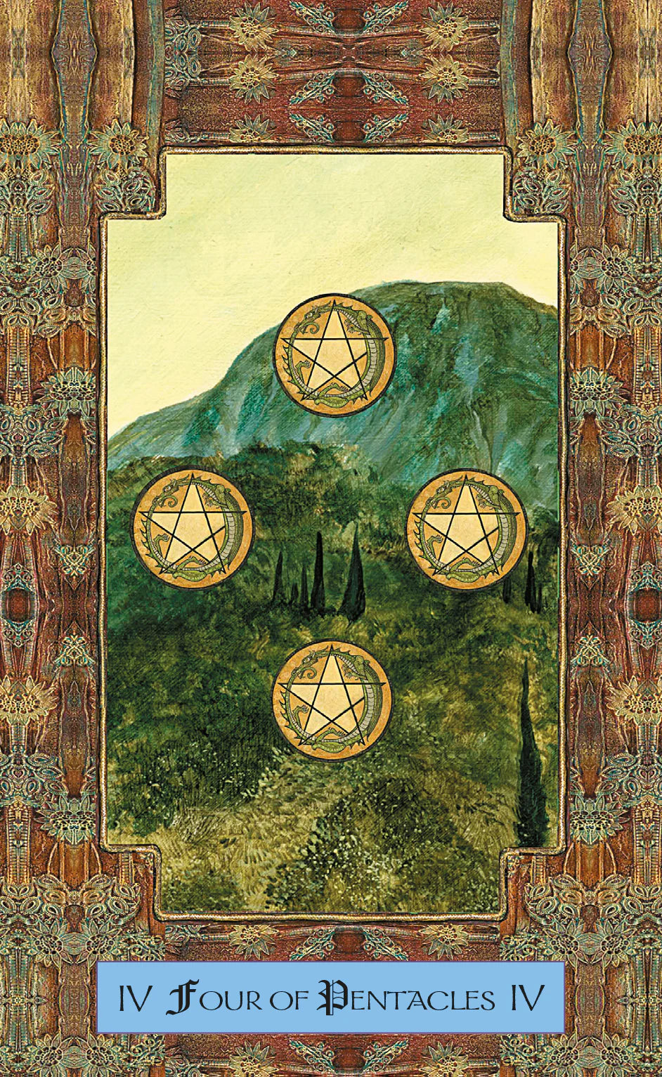 Four of Pentacles tarot card with pentacle symbols and mountain landscape