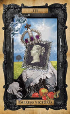 Decorative frame with vintage stamp and portrait of Empress Victoria on a textured background
