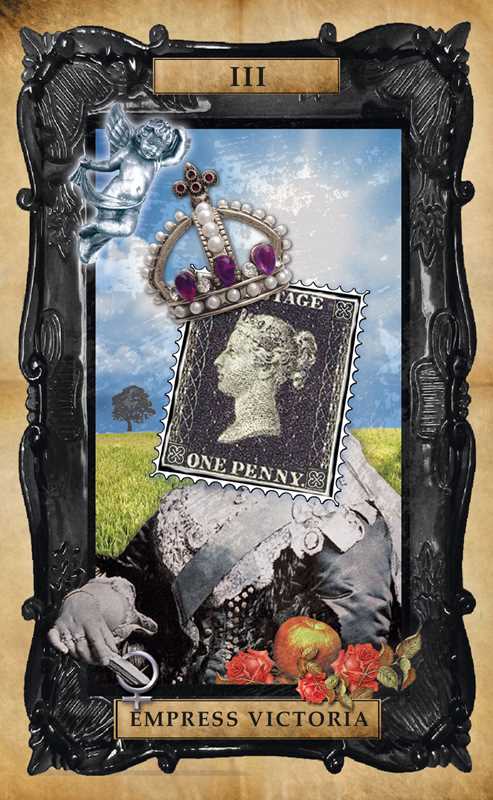 Decorative frame with vintage stamp and portrait of Empress Victoria on a textured background