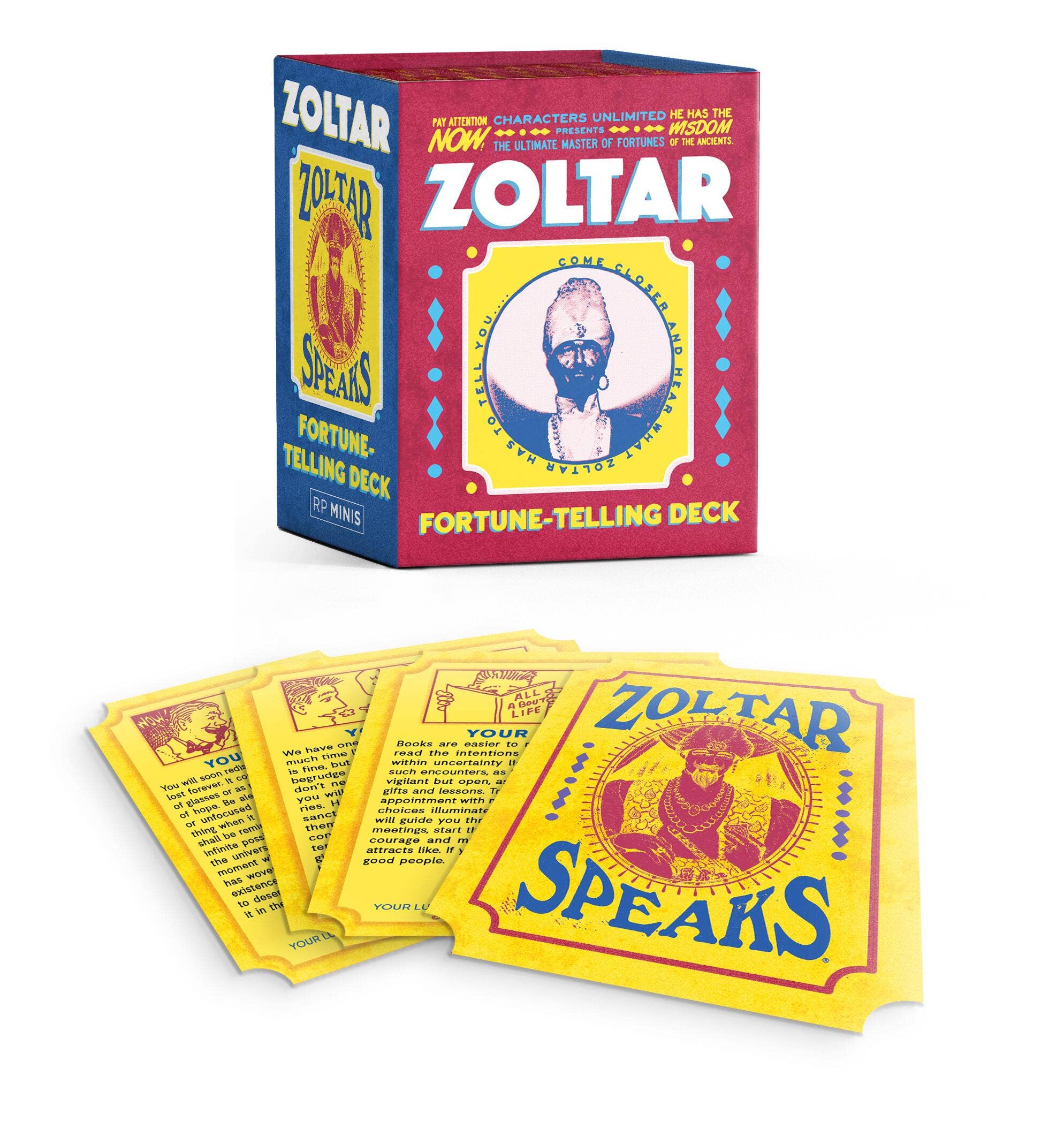 Zoltar fortune-telling deck with cards and box on a white background