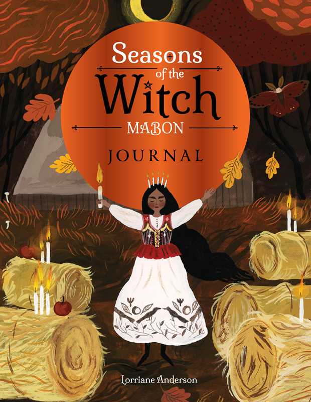 Book cover of 'Seasons of the Witch: Mabon Journal' with an illustration of a woman in a traditional outfit surrounded by hay bales and candles.