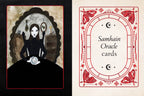 Samhain Oracle cards deck packaging shown in two views: a dark illustrated card on the left and the cream-colored back of the deck with red ornamental border and the text 'Samhain Oracle cards' on the right.
