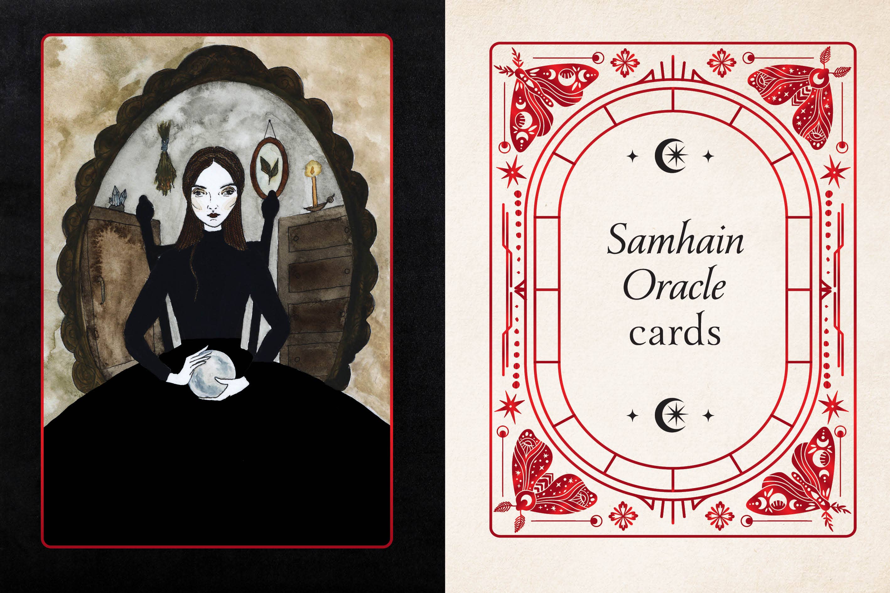 Samhain Oracle cards deck packaging shown in two views: a dark illustrated card on the left and the cream-colored back of the deck with red ornamental border and the text 'Samhain Oracle cards' on the right.