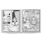 Two black and white illustrations of a girl in a room with text, framed together.