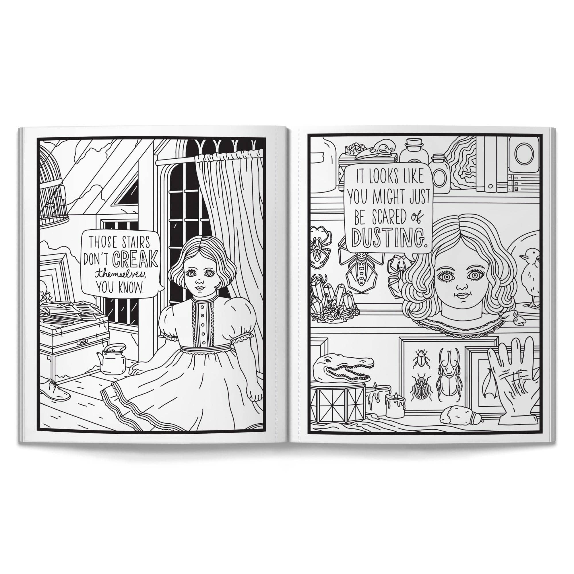 Two black and white illustrations of a girl in a room with text, framed together.