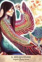 Artistic depiction of a woman with a colorful headdress and a bird, with '2. Estanatlehi' text at the bottom.