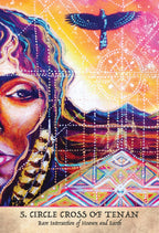 Colorful artwork with a woman's face, eagle, and geometric patterns on a vibrant background.