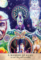 Colorful tarot card featuring mystical figures, animals, and celestial elements with text 'Blessing of Kumu'.