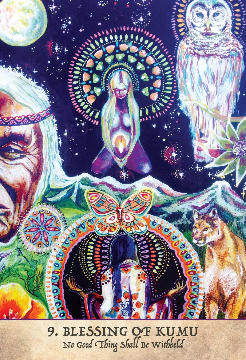 Colorful tarot card featuring mystical figures, animals, and celestial elements with text 'Blessing of Kumu'.