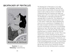 Card illustration of 'Backpacker of Pentacles' with text description on a white background