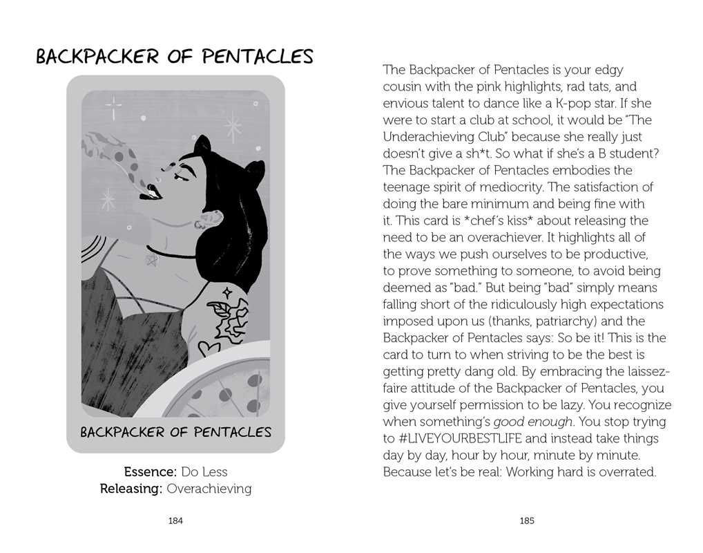 Card illustration of 'Backpacker of Pentacles' with text description on a white background