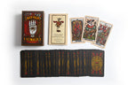 Collection of tarot cards with a deck, box, and card back on a white background