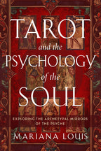 Book cover of 'Tarot and the Psychology of the Soul' by Mariana Louis with tarot card designs on a red background.