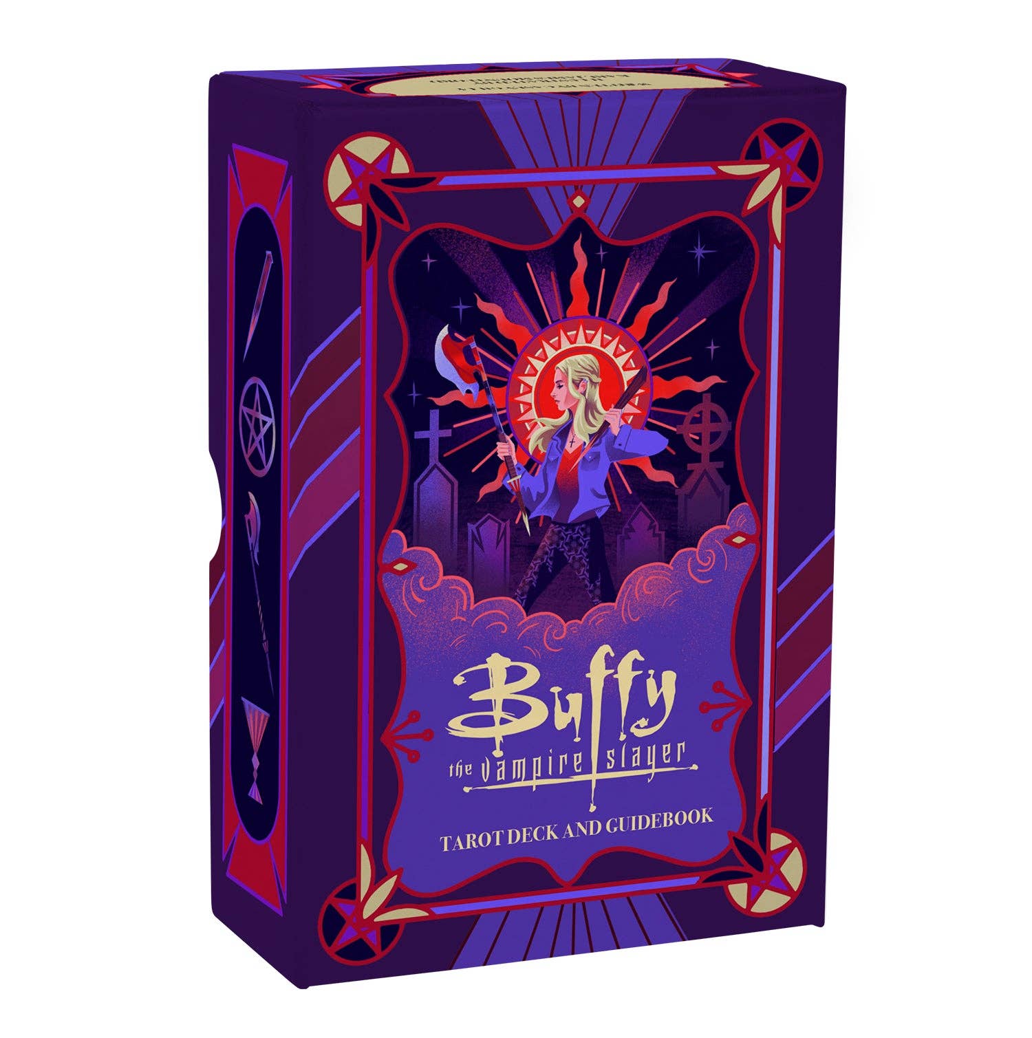 Buffy the Vampire Slayer tarot deck packaging with character illustration on a purple background