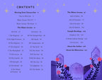 Table of contents for a tarot card book with a purple background and star decorations.