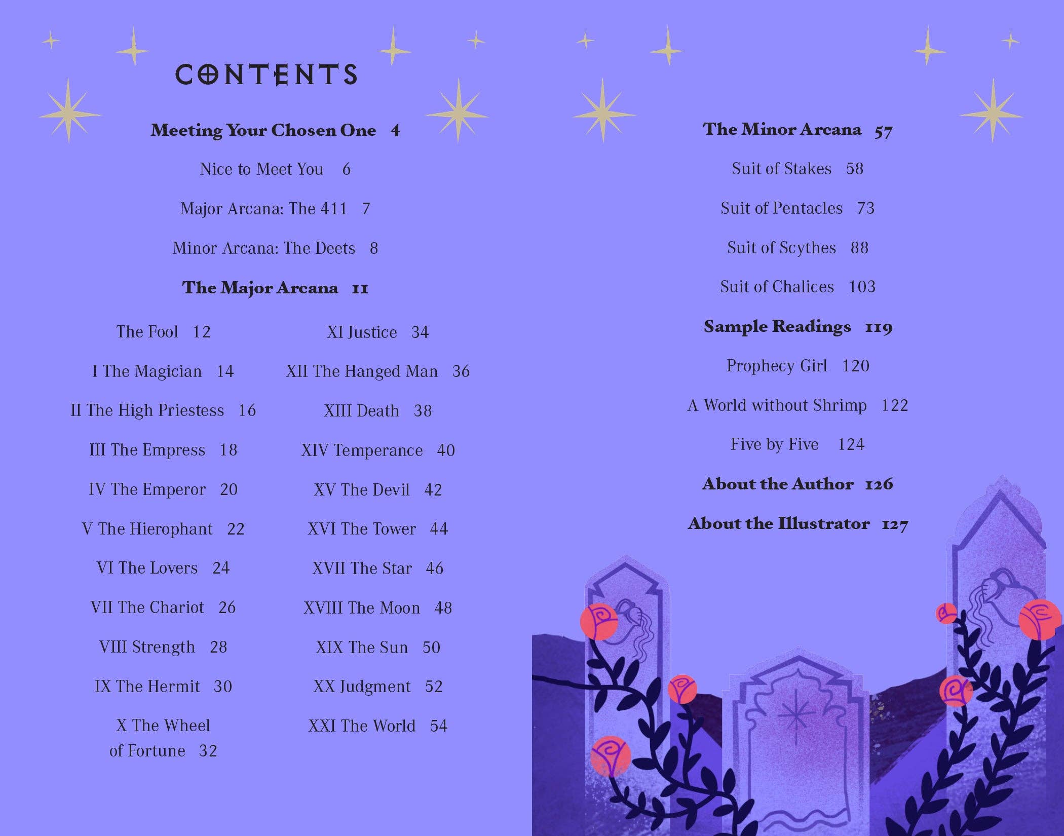 Table of contents for a tarot card book with a purple background and star decorations.