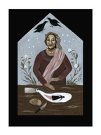 Artistic depiction of a woman with a child in a cradleboard, surrounded by nature elements.
