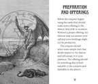 Illustration of a demon with wings and a snake, accompanied by text on summoning demons.