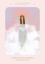 Illustration of a woman in a white dress with a halo, standing on clouds against a pink sky.