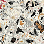 Collection of tarot card illustrations with various symbols and text on a white background