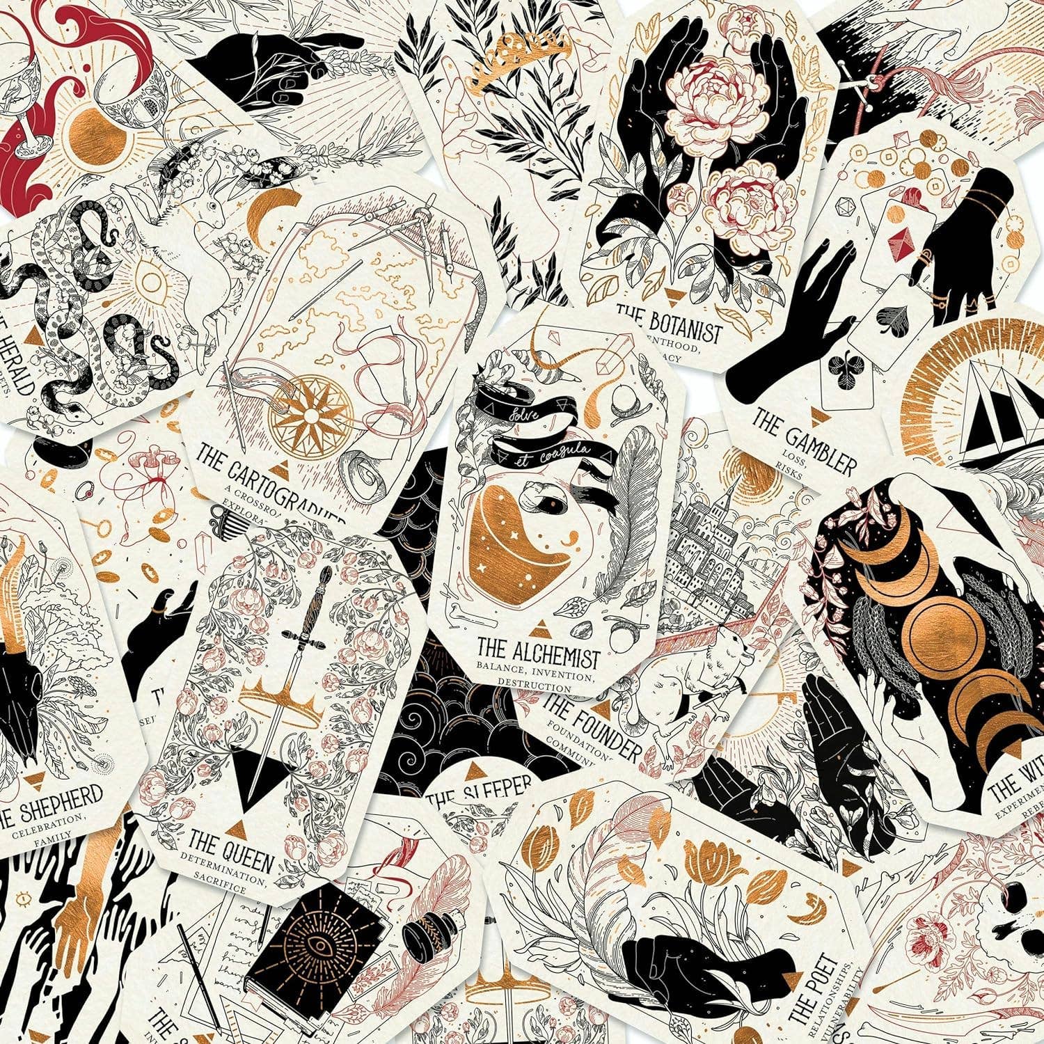 Collection of tarot card illustrations with various symbols and text on a white background
