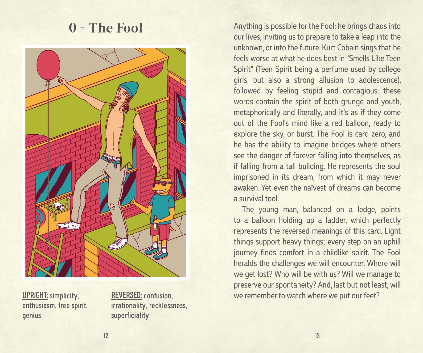 Illustration of a young man and child on a ledge with text about the Fool card from a tarot deck.
