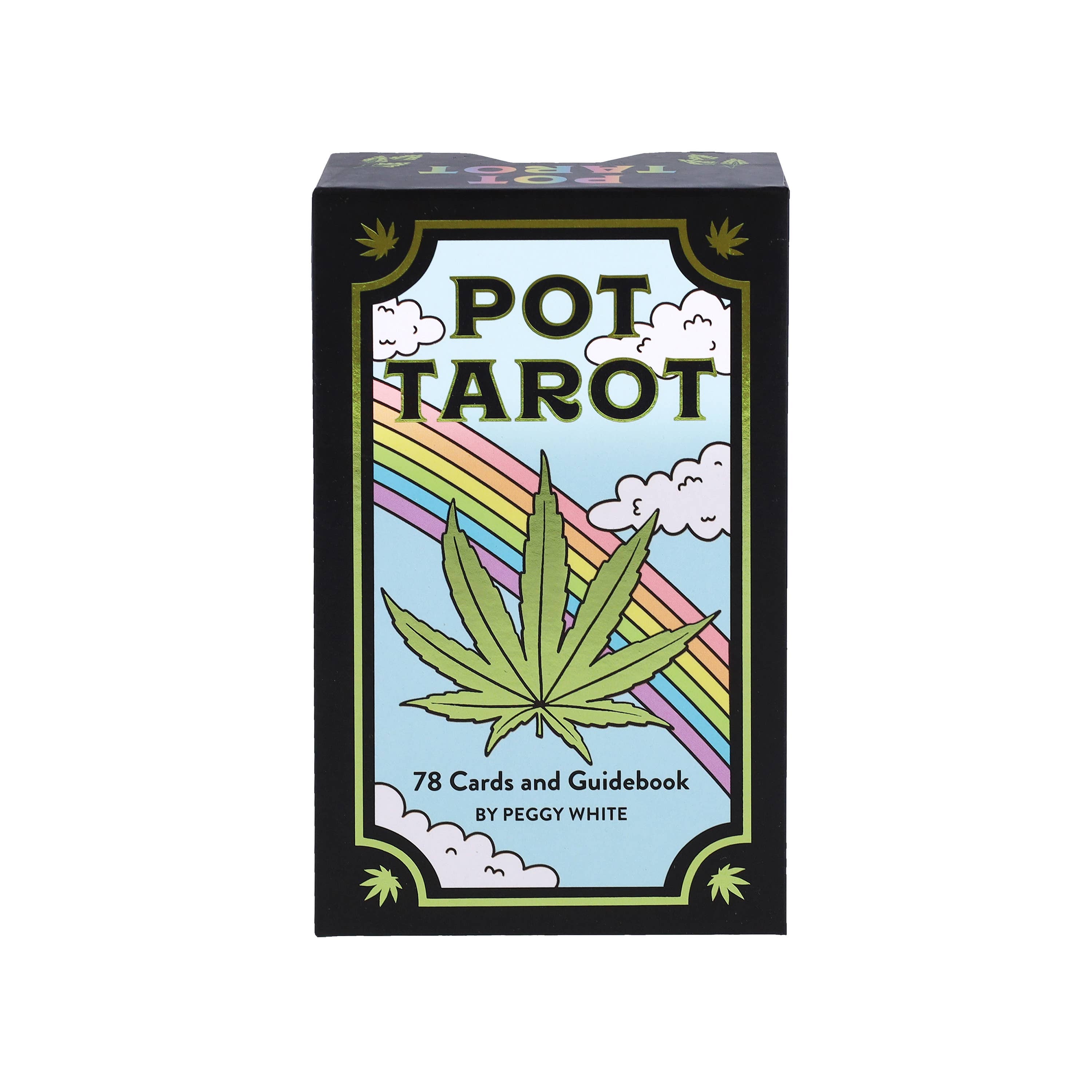 Box of Pot Tarot cards with a cannabis leaf design on a white background