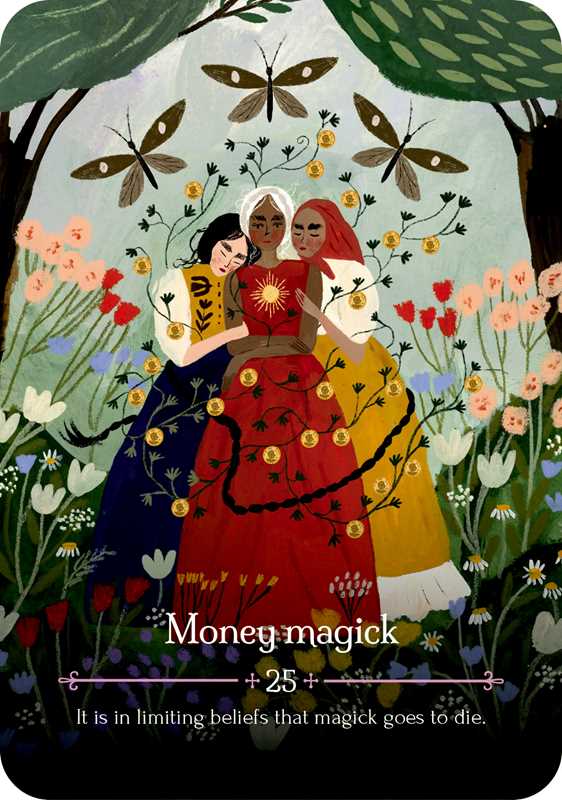 Illustration of three women holding a child surrounded by flowers and butterflies with 'Money Magick' text.