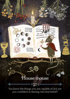 Illustration of a house mouse next to an open book with symbols, surrounded by herbs and candles on a dark background.