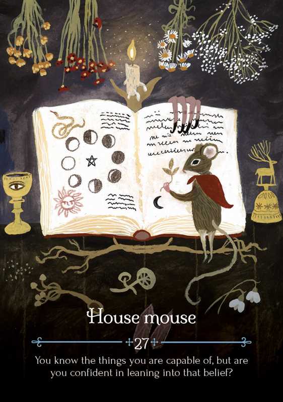 Illustration of a house mouse next to an open book with symbols, surrounded by herbs and candles on a dark background.