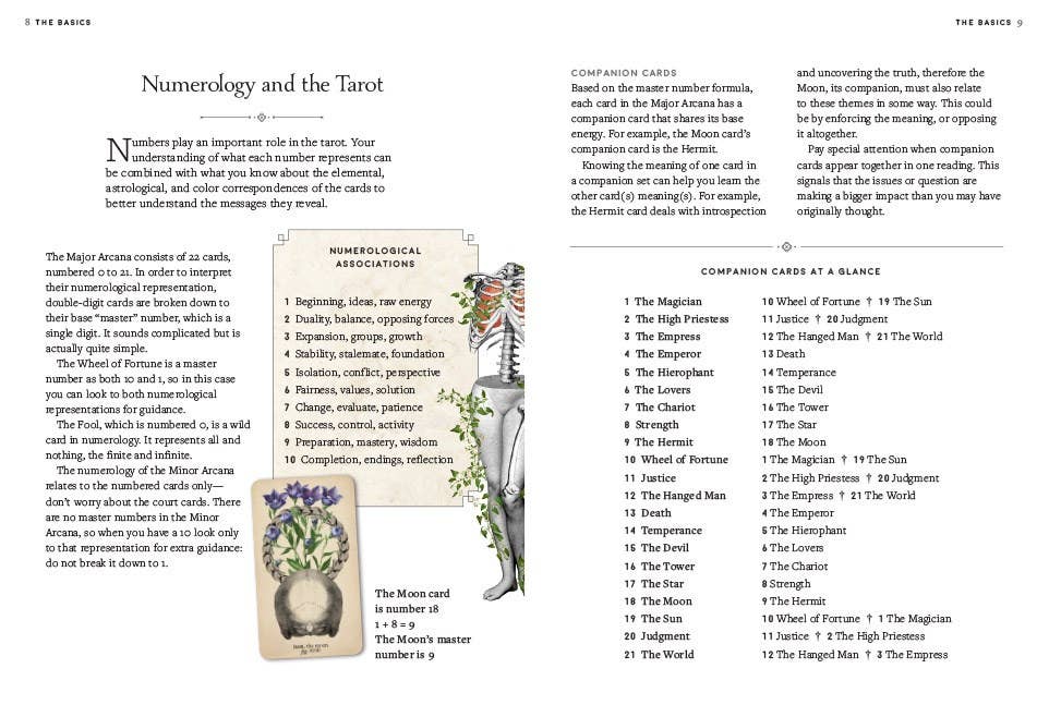 Page from a book or magazine about Numerology and the Tarot with text and illustrations.