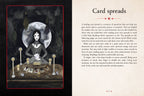 A printed card spread guide page with a large illustration on the left showing a woman in a black dress and veil standing over cards on a table, and text on the right titled 'Card spreads' with instructions about card spreads.