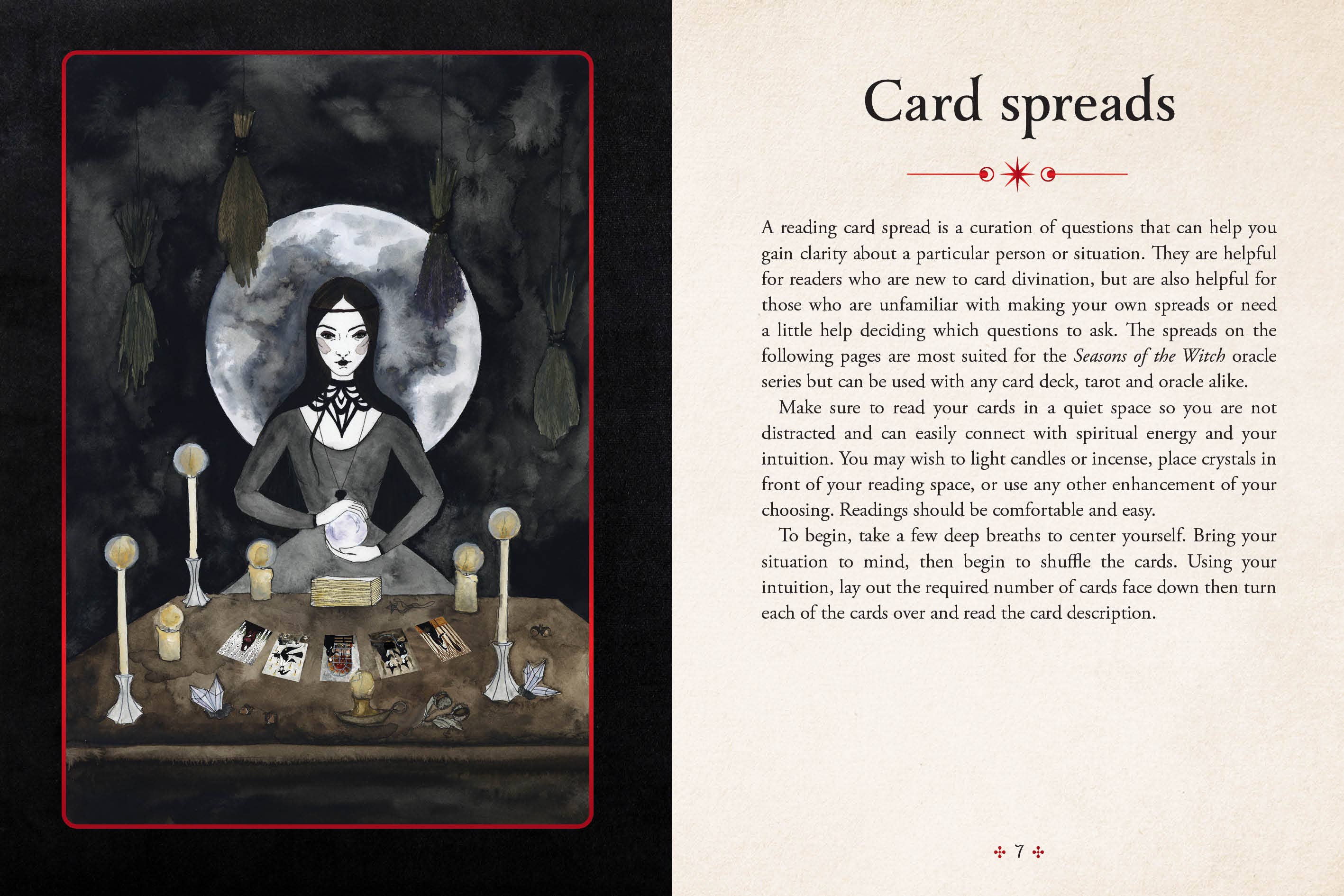 A printed card spread guide page with a large illustration on the left showing a woman in a black dress and veil standing over cards on a table, and text on the right titled 'Card spreads' with instructions about card spreads.