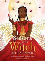 Book cover of 'Seasons of the Witch: Beltane Oracle' with a woman in a red dress and butterfly design.
