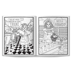 Two black and white illustrations of a maid in a vintage setting, one with text and the other with a basket.