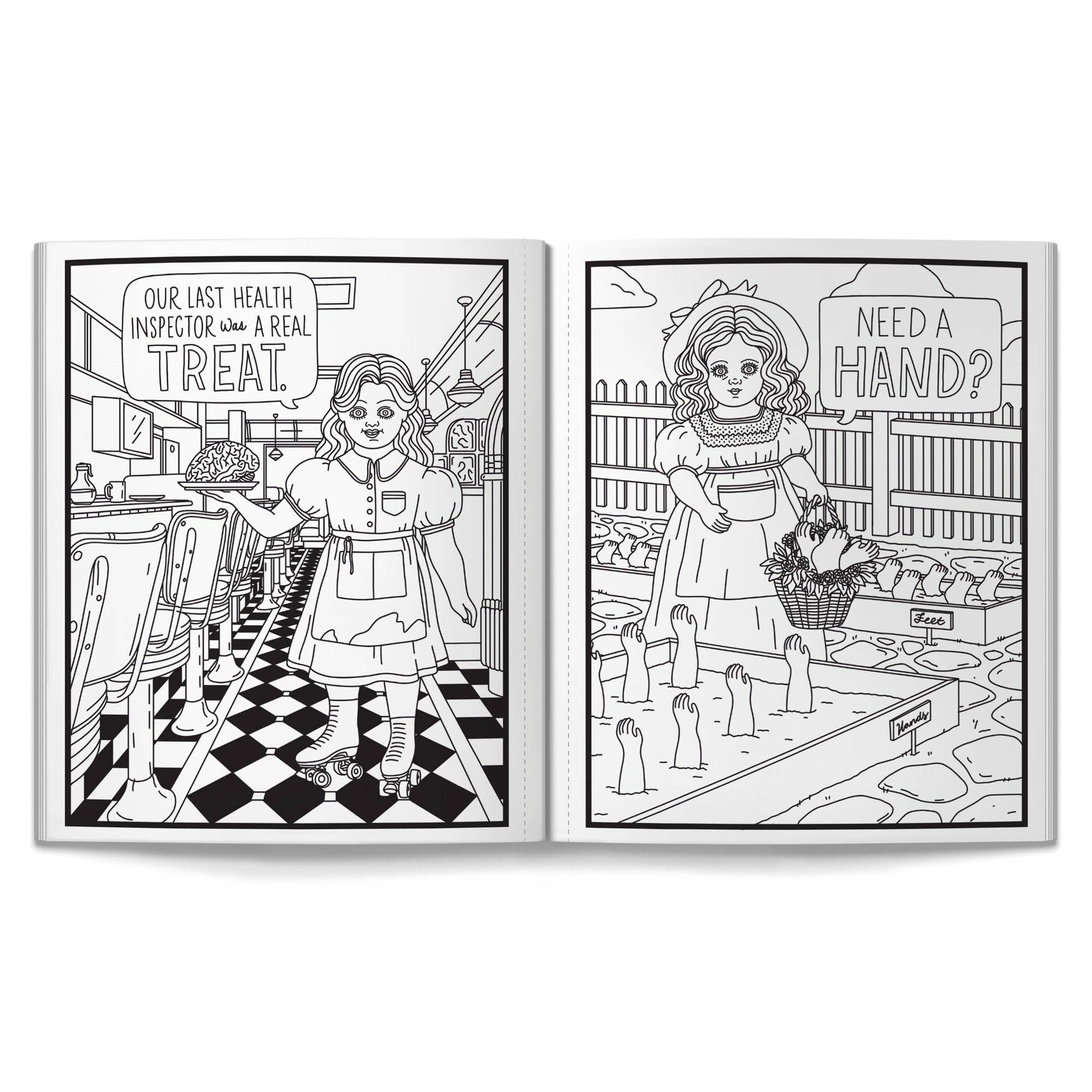 Two black and white illustrations of a maid in a vintage setting, one with text and the other with a basket.