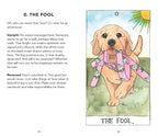 Illustration of a dog with a pink leash on a card titled 'The Fool' from a tarot book.