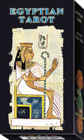 Box for Egyptian Tarot with an illustration of a figure in traditional Egyptian attire on a black background.