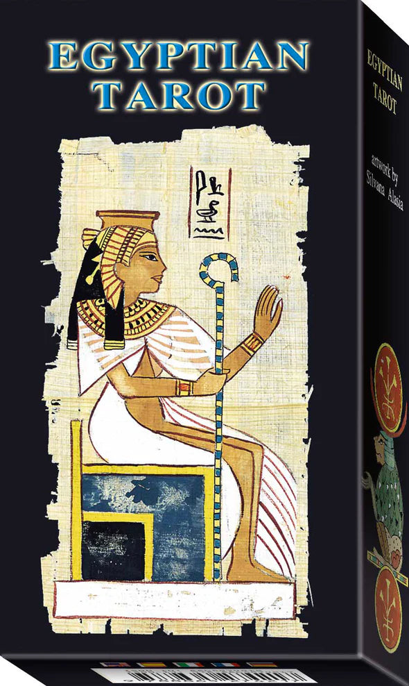 Box for Egyptian Tarot with an illustration of a figure in traditional Egyptian attire on a black background.