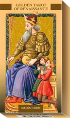 Box for 'Golden Tarot of Renaissance' with a tarot card design featuring a king and child.