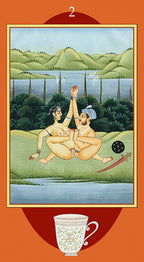 Card 2 from the Kamasutra Tarot. Two people engage in a sexual act in nature.