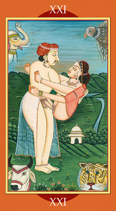 Card XXI from the Kamasutra Tarot - two folks engage in a sexual act in nature.