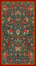 Decorative design with floral and bird pattern on a blue background - the back side of the Kamasutra Tarot