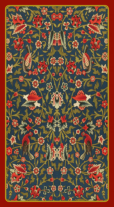 Decorative design with floral and bird pattern on a blue background - the back side of the Kamasutra Tarot